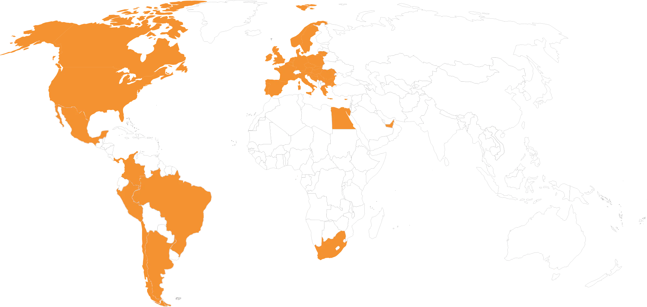 Mapa mundi com paises em destaque nas Americas, Europa, Áfria e Asia