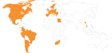 Mapa mundi com paises em destaque nas Americas, Europa, Áfria e Asia