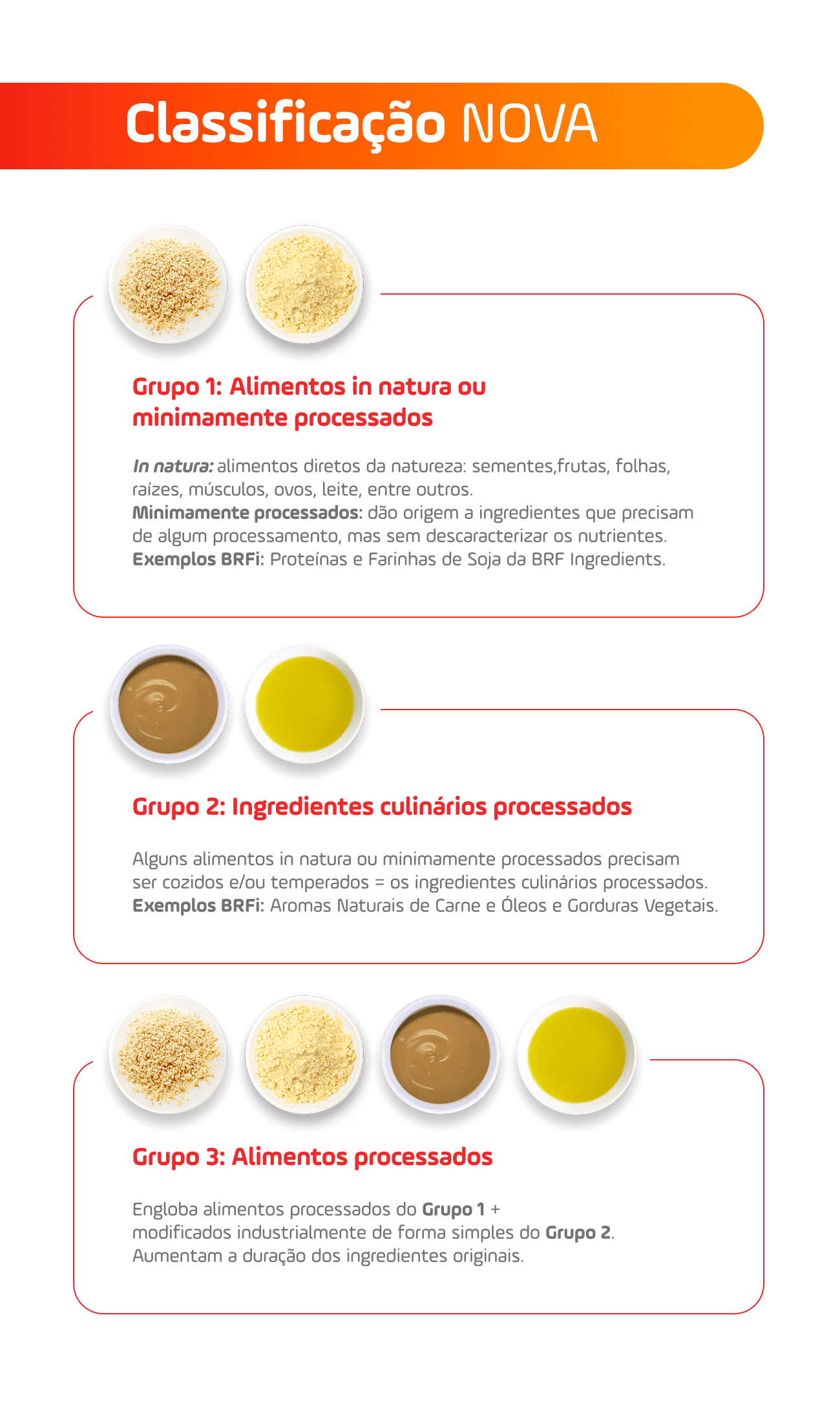 Classificação nova - Grupo 1: Alimentos in natura - Grupo 2: Ingredientes culinários processados - Grupo 3: Alimentos processados
